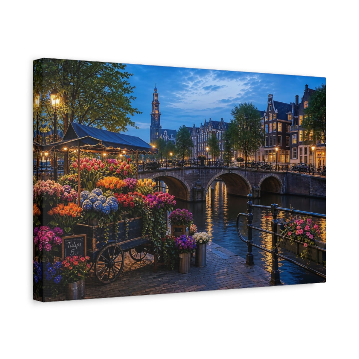 Side Mockup 4. Floral Flower Market Vibrant Amsterdam shown as stretched canvas wall art