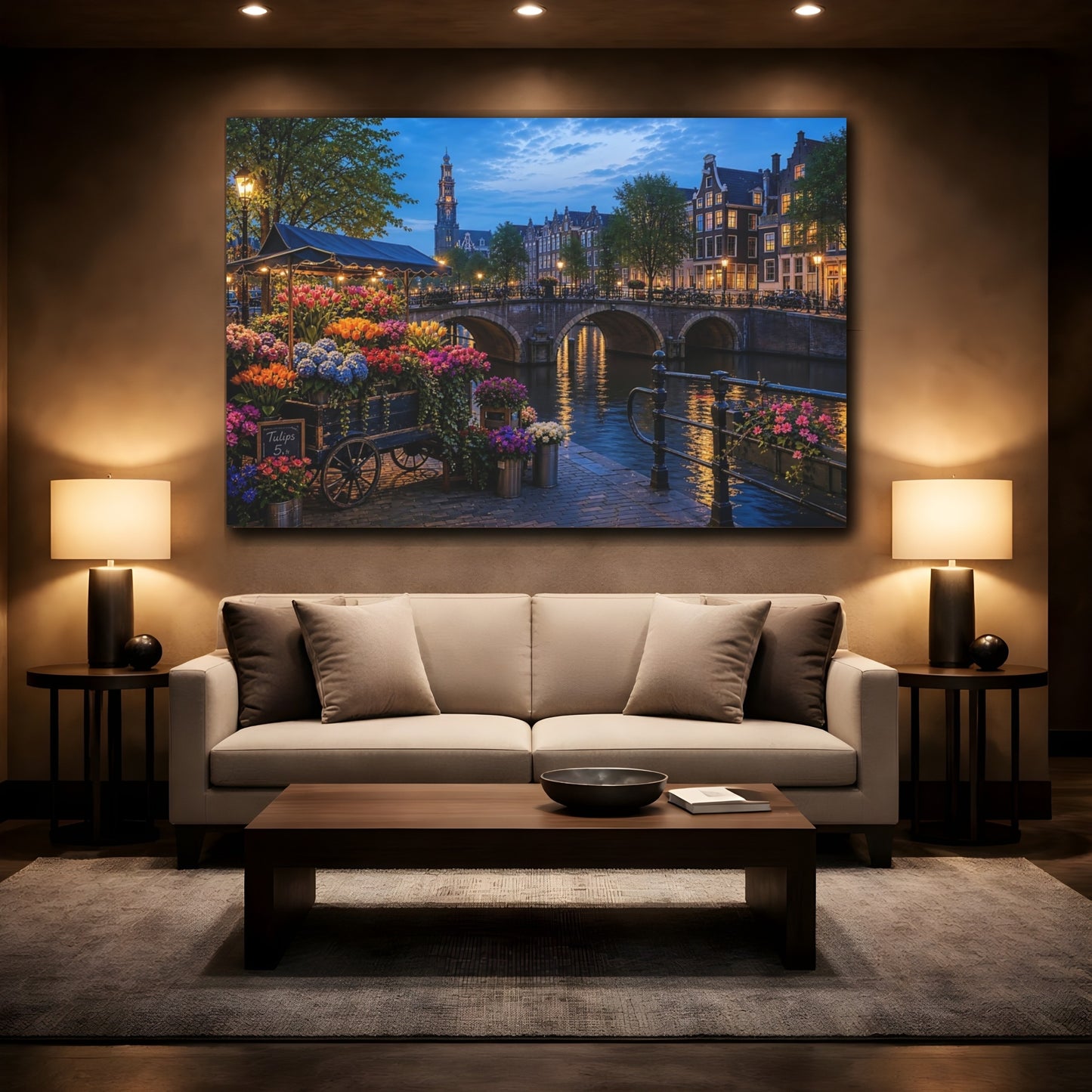 Mockup 2. Floral Flower Market Vibrant Amsterdam shown as stretched canvas wall art