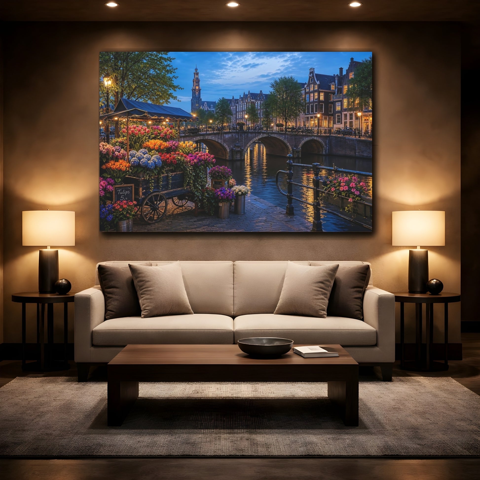 Mockup 2. Floral Flower Market Vibrant Amsterdam shown as stretched canvas wall art