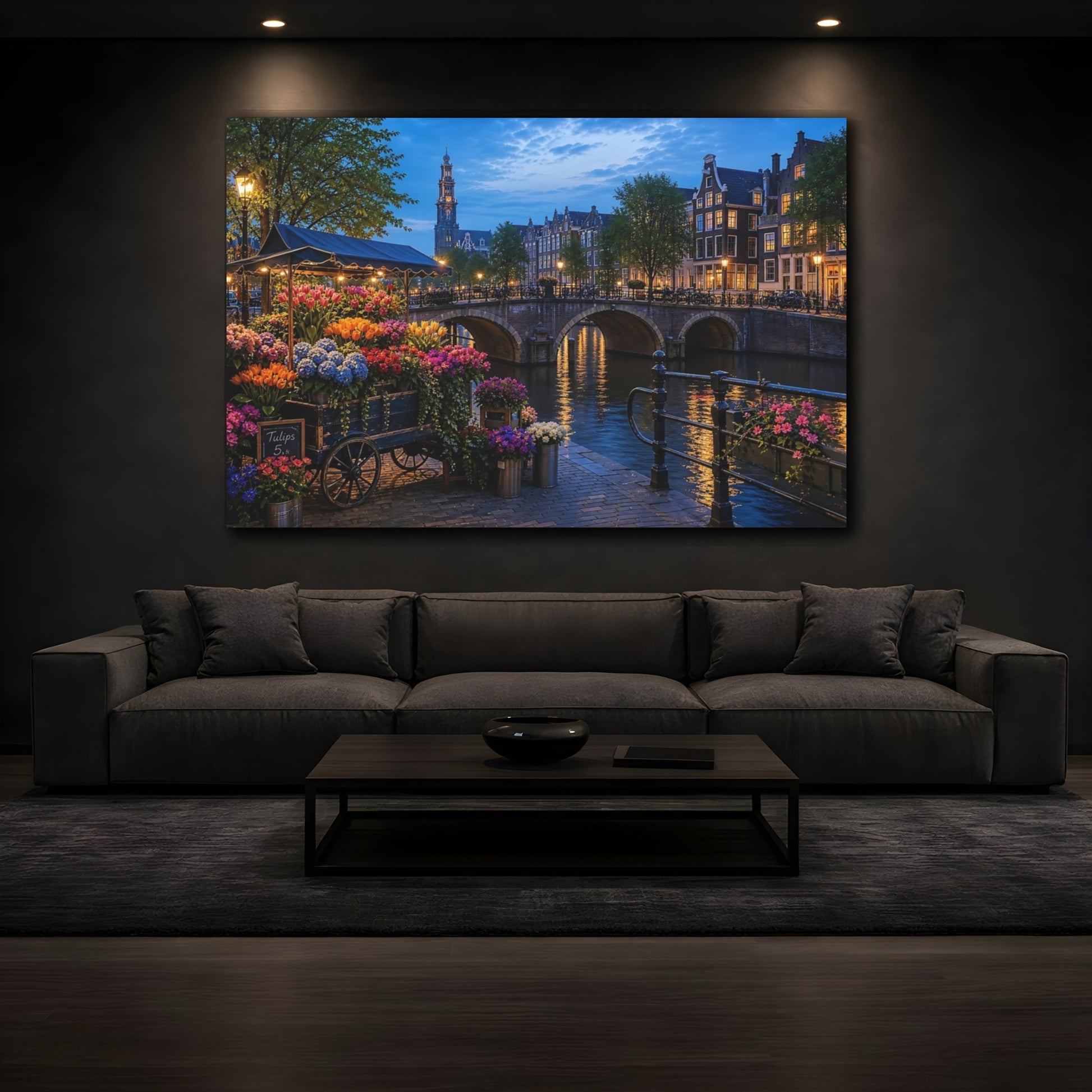 Mockup 3. Floral Flower Market Vibrant Amsterdam shown as stretched canvas wall art