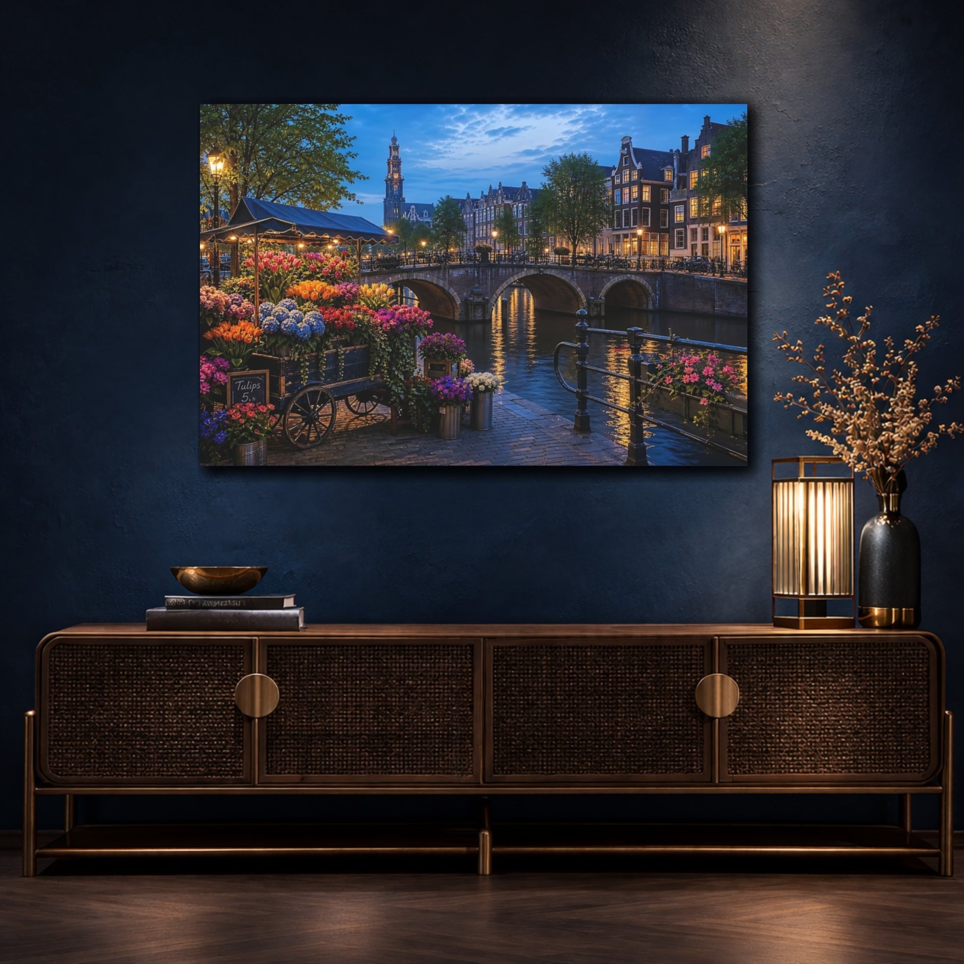 Mockup 4. Floral Flower Market Vibrant Amsterdam shown as stretched canvas wall art