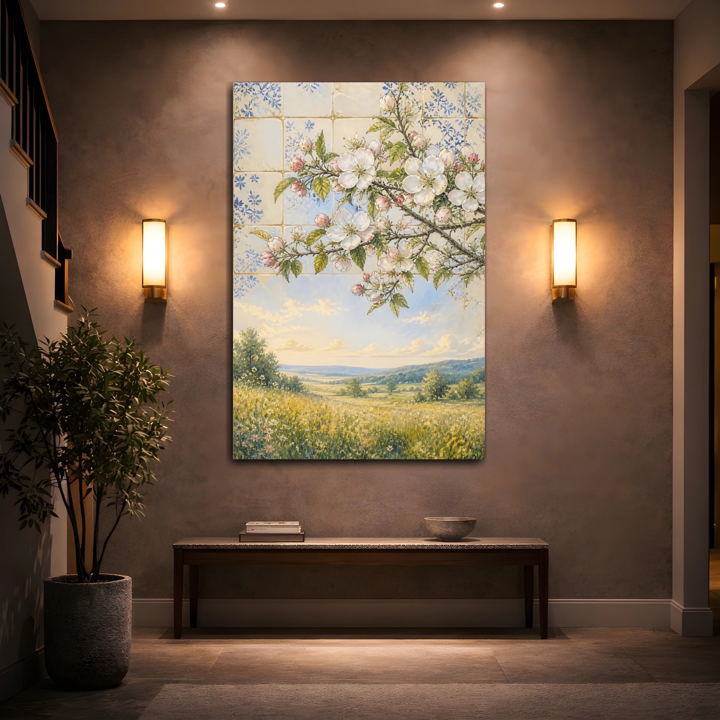 Mockup 2. Floral Flowering Branch Spring Floral Landscape shown as stretched canvas wall art