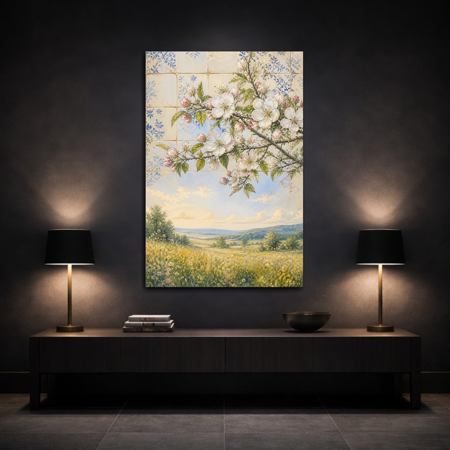 Mockup 3. Floral Flowering Branch Spring Floral Landscape shown as stretched canvas wall art