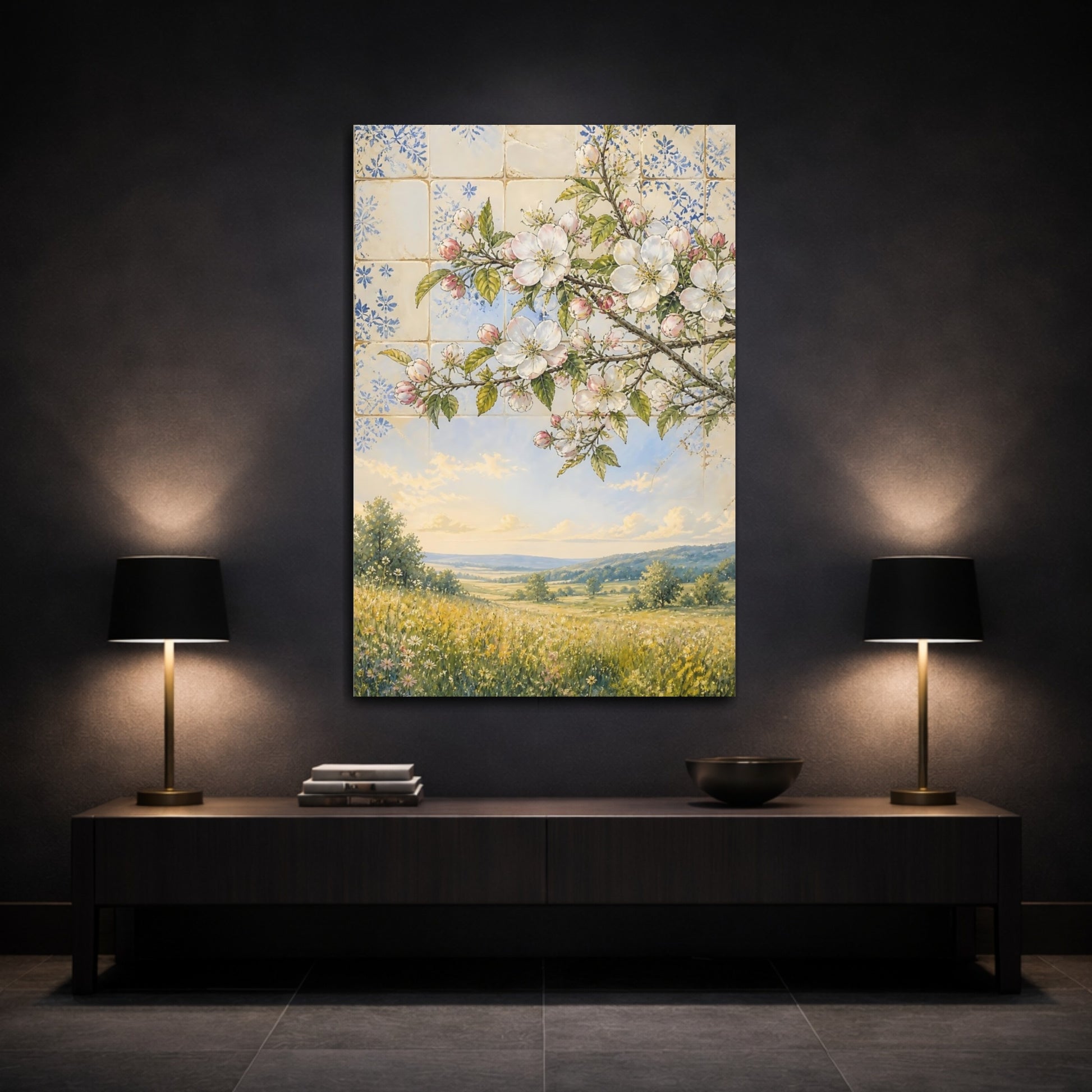 Mockup 3. Floral Flowering Branch Spring Floral Landscape shown as stretched canvas wall art