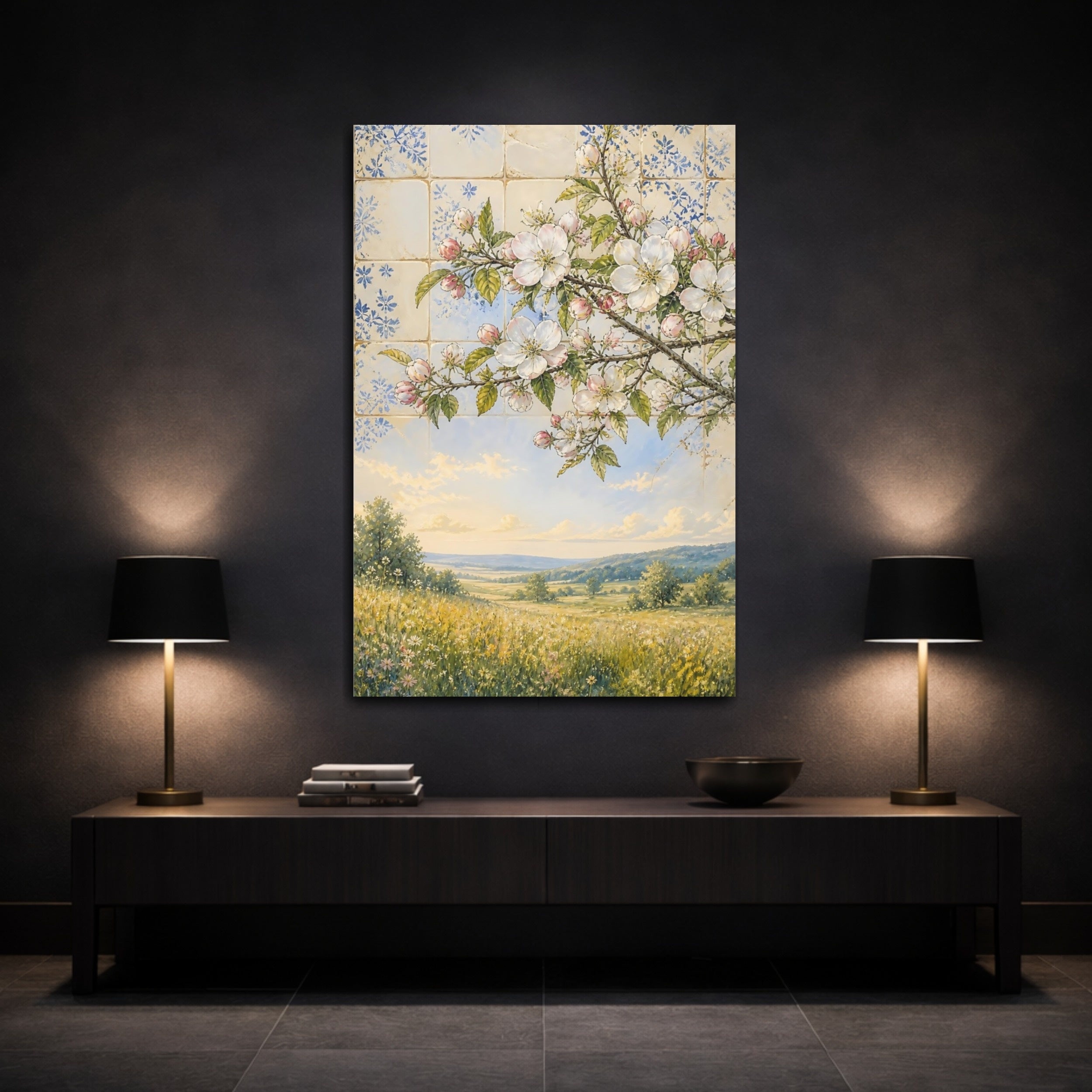 Mockup 3. Floral Flowering Branch Spring Floral Landscape shown as stretched canvas wall art