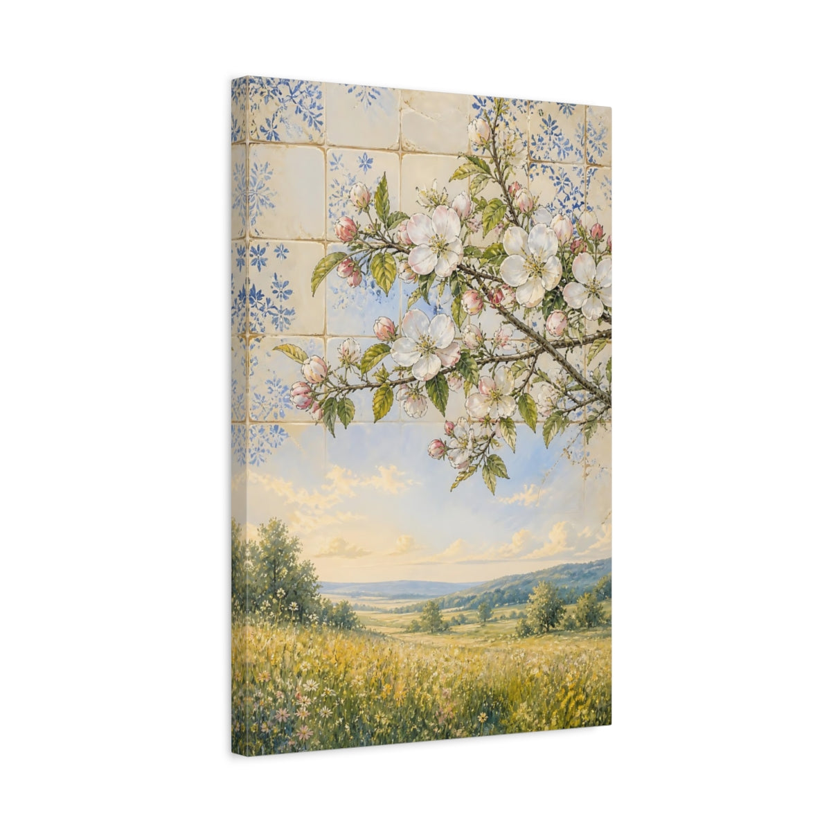 Side Mockup 3. Floral Flowering Branch Spring Floral Landscape shown as stretched canvas wall art