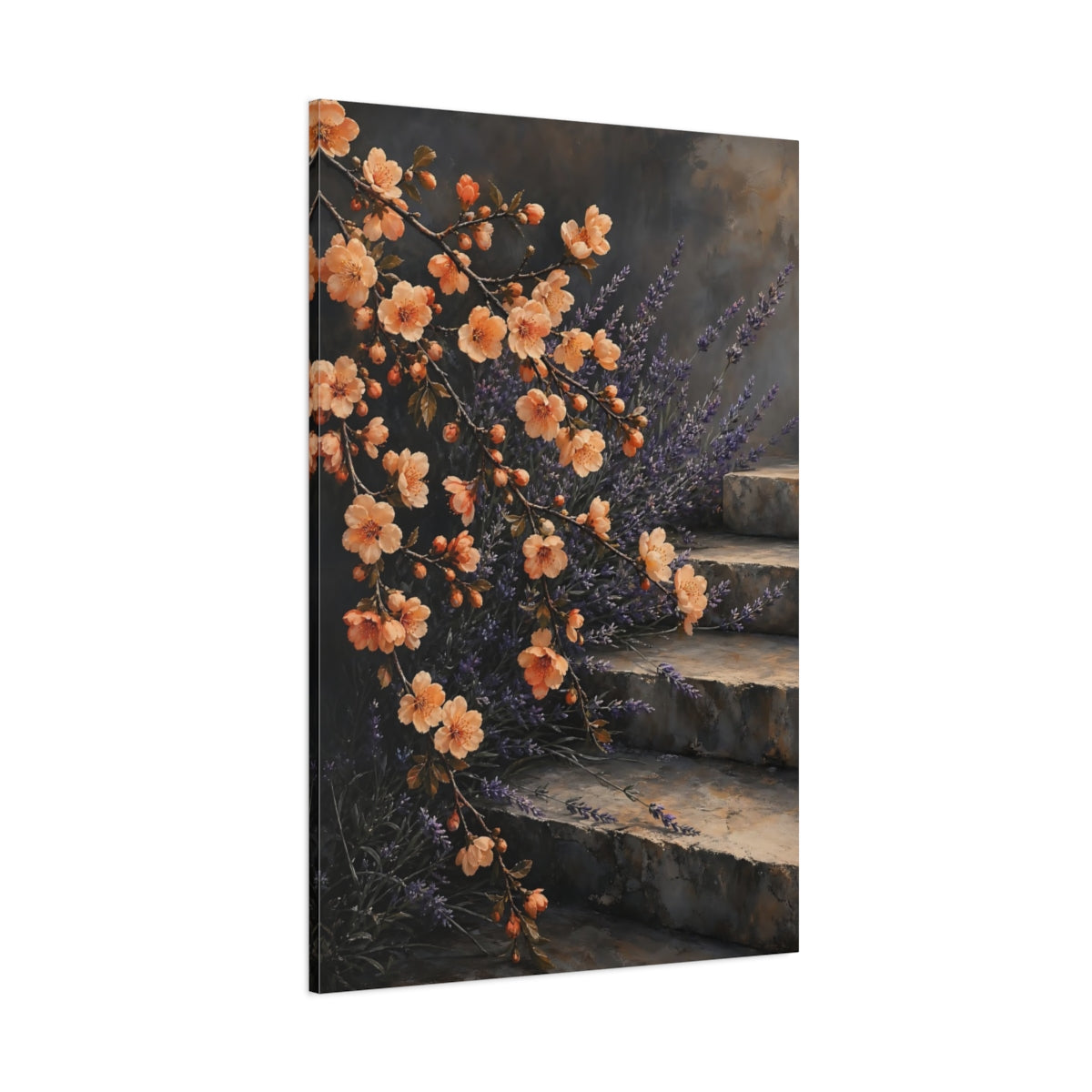Side Mockup 1. Floral Flowering Branches Peach Lavender Floral shown as stretched canvas wall art