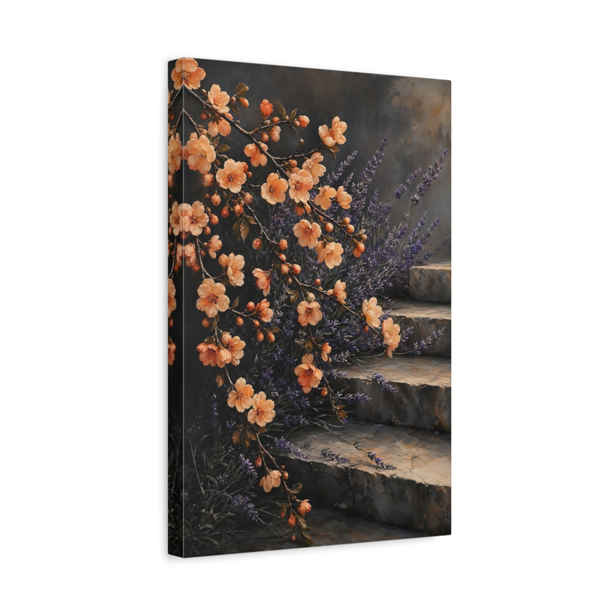 Side Mockup 4. Floral Flowering Branches Peach Lavender Floral shown as stretched canvas wall art