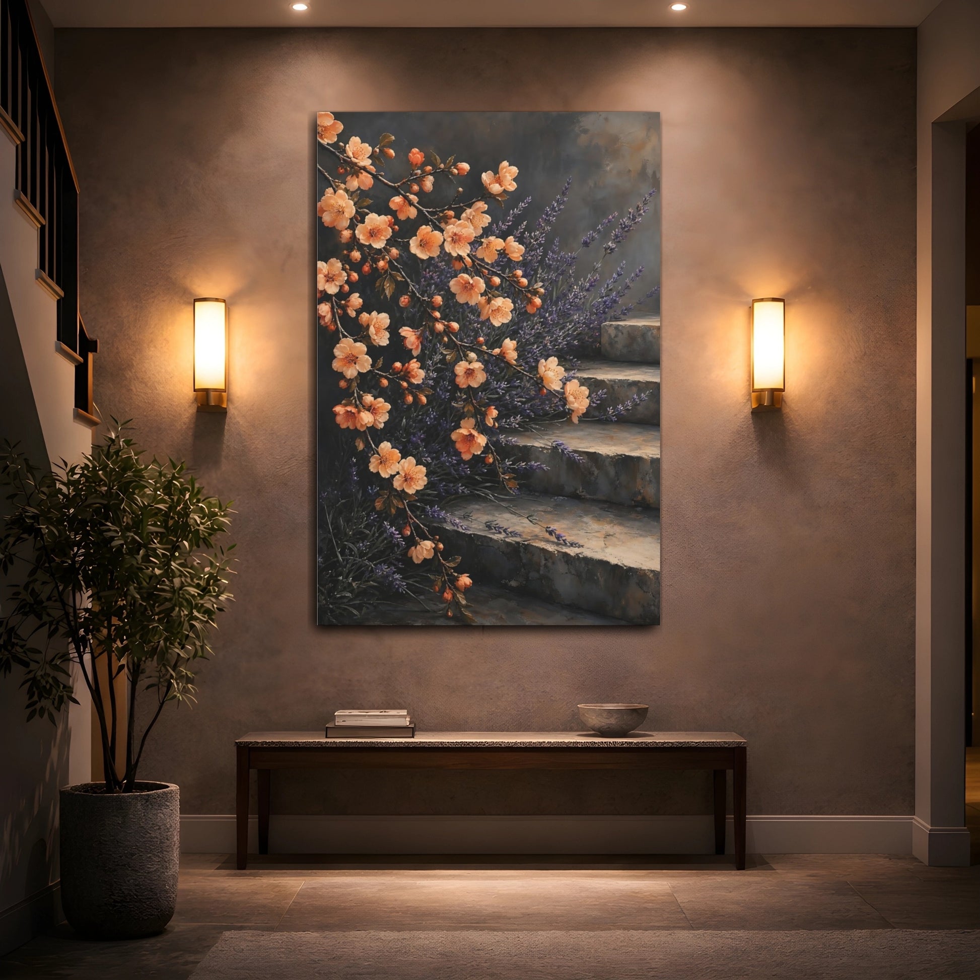 Mockup 2. Floral Flowering Branches Peach Lavender Floral shown as stretched canvas wall art