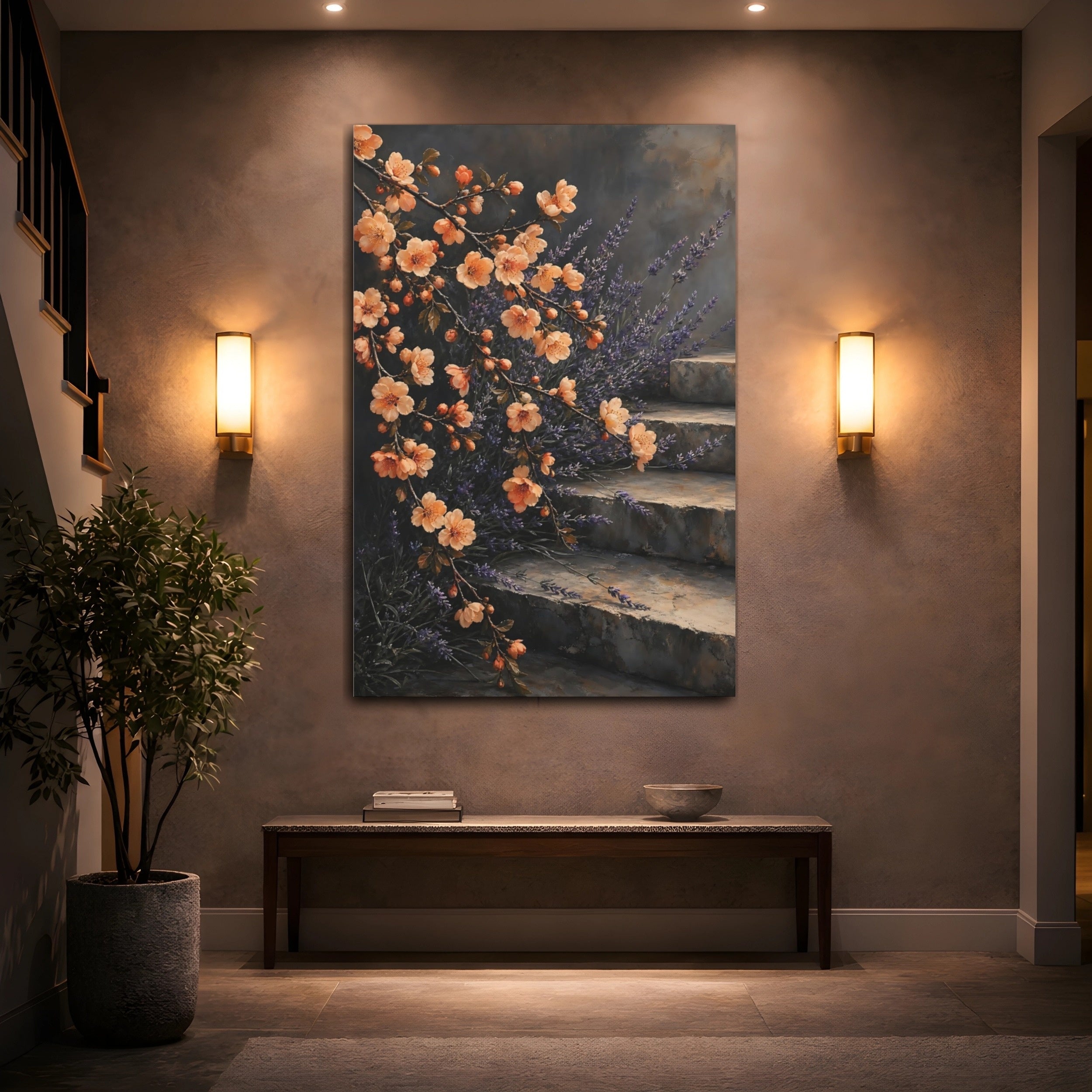 Mockup 2. Floral Flowering Branches Peach Lavender Floral shown as stretched canvas wall art