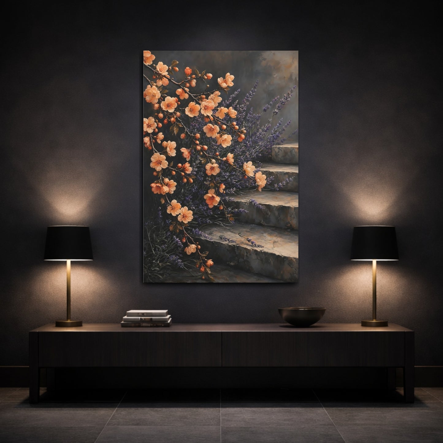 Mockup 3. Floral Flowering Branches Peach Lavender Floral shown as stretched canvas wall art