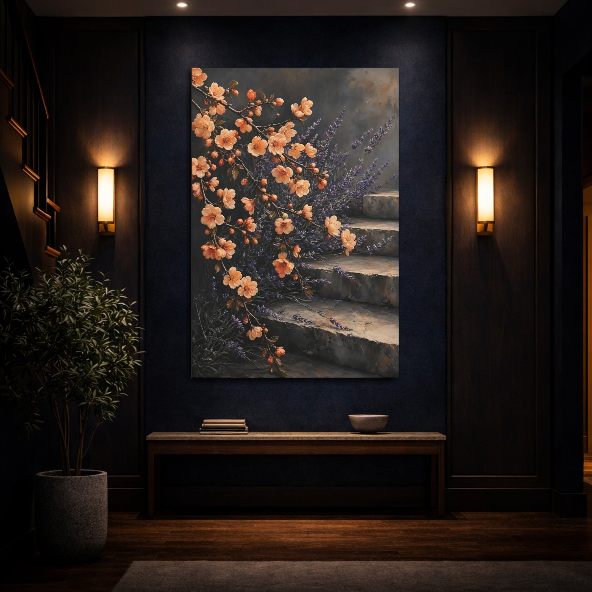 Mockup 4. Floral Flowering Branches Peach Lavender Floral shown as stretched canvas wall art