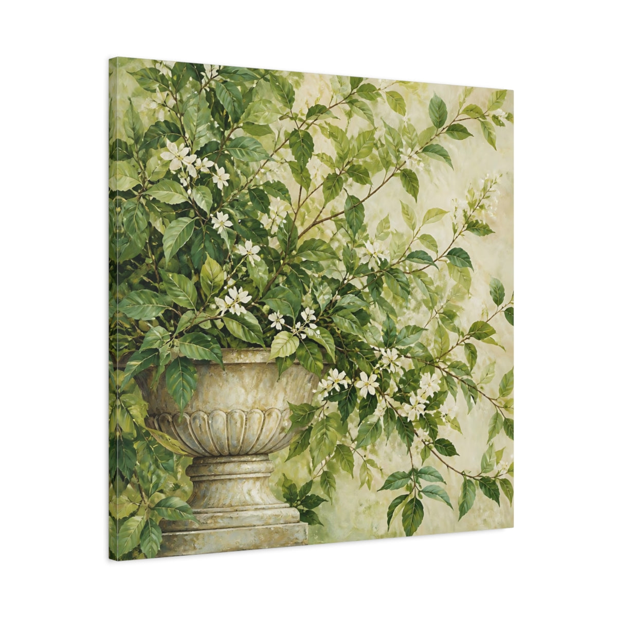 Side Mockup 3. Floral Flowering Plant Green And White Floral shown as stretched canvas wall art