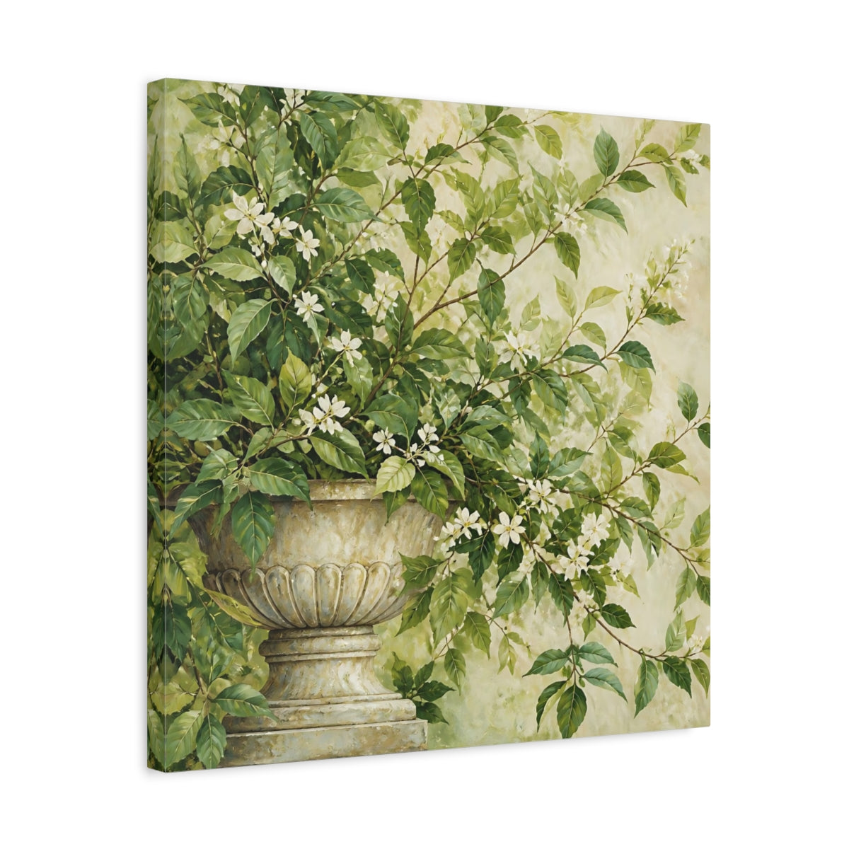 Side Mockup 5. Floral Flowering Plant Green And White Floral shown as stretched canvas wall art