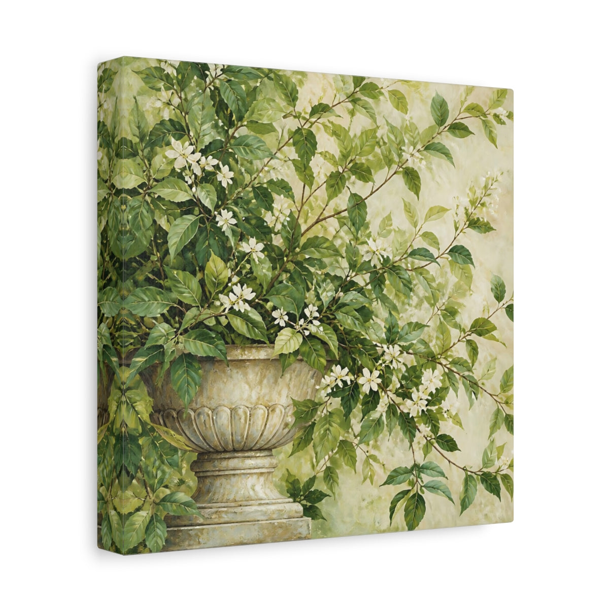 Side Mockup 9. Floral Flowering Plant Green And White Floral shown as stretched canvas wall art