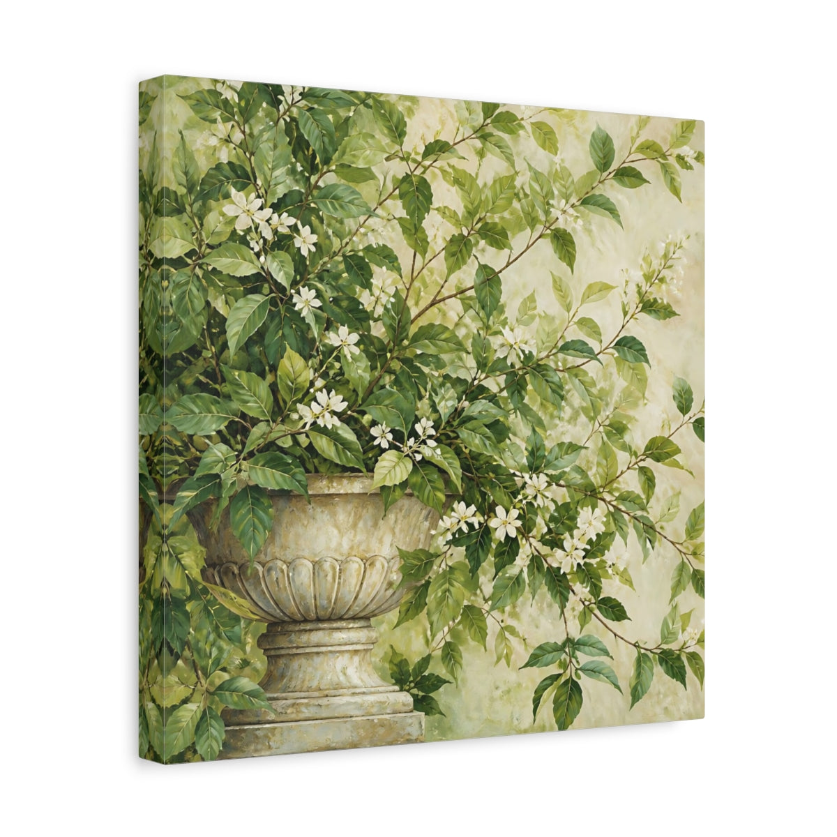 Side Mockup 7. Floral Flowering Plant Green And White Floral shown as stretched canvas wall art
