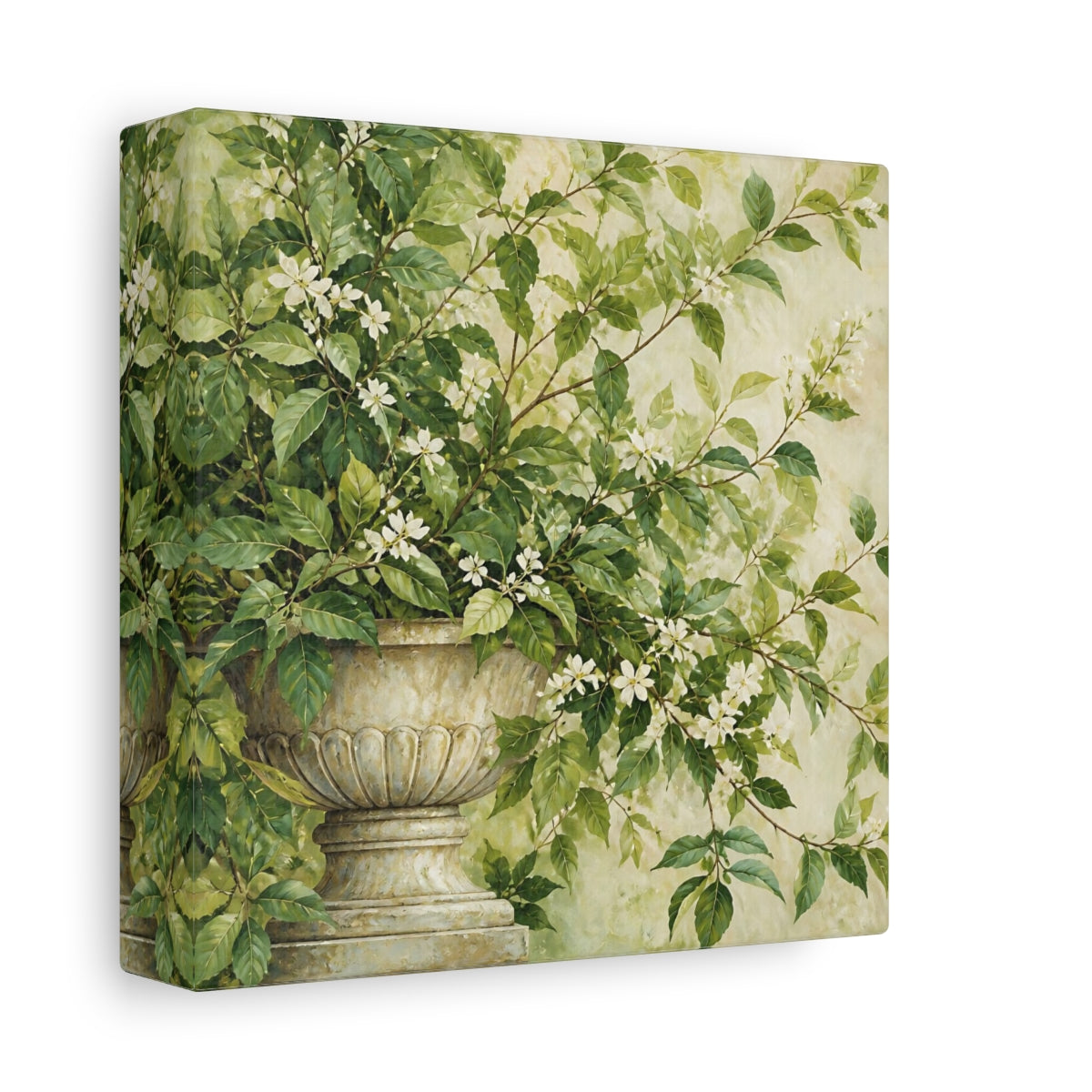 Side Mockup 2. Floral Flowering Plant Green And White Floral shown as stretched canvas wall art