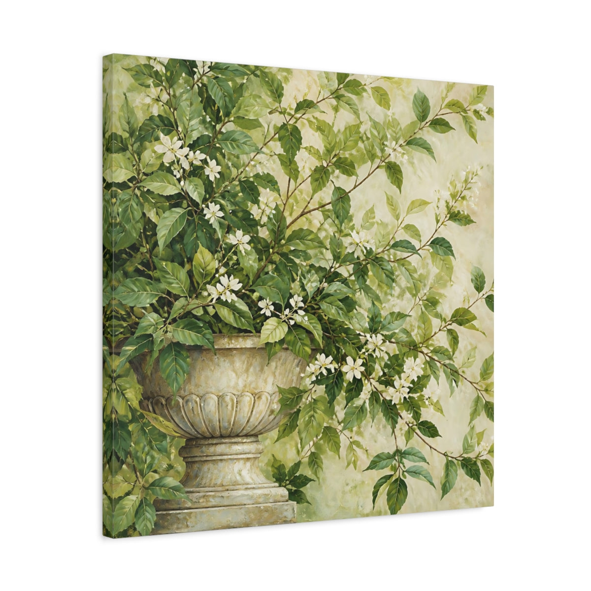 Side Mockup 4. Floral Flowering Plant Green And White Floral shown as stretched canvas wall art