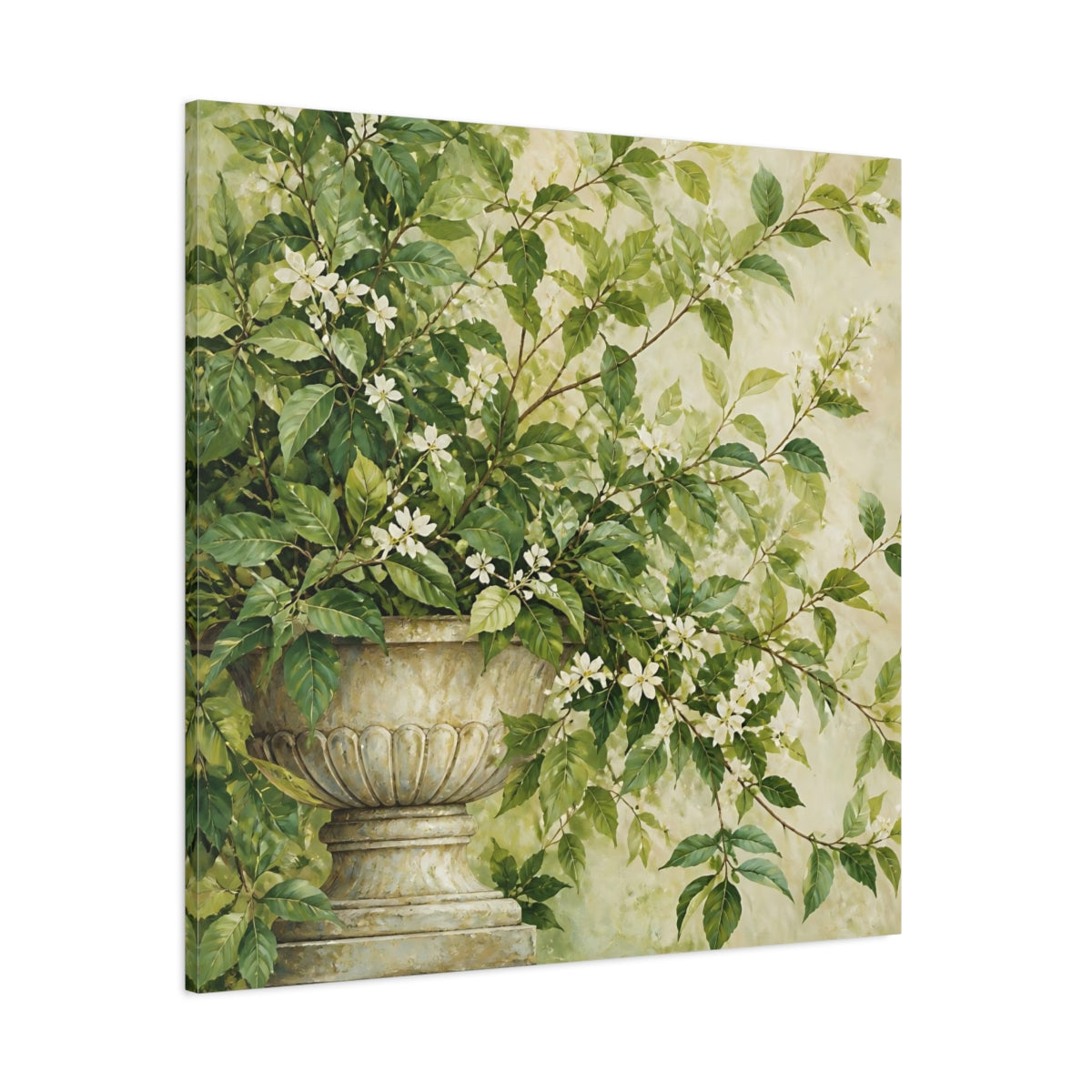 Side Mockup 1. Floral Flowering Plant Green And White Floral shown as stretched canvas wall art