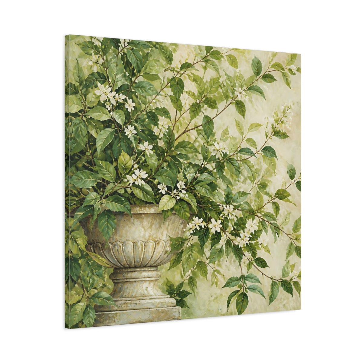Main Mockup. Floral Flowering Plant Green And White Floral shown as stretched canvas wall art