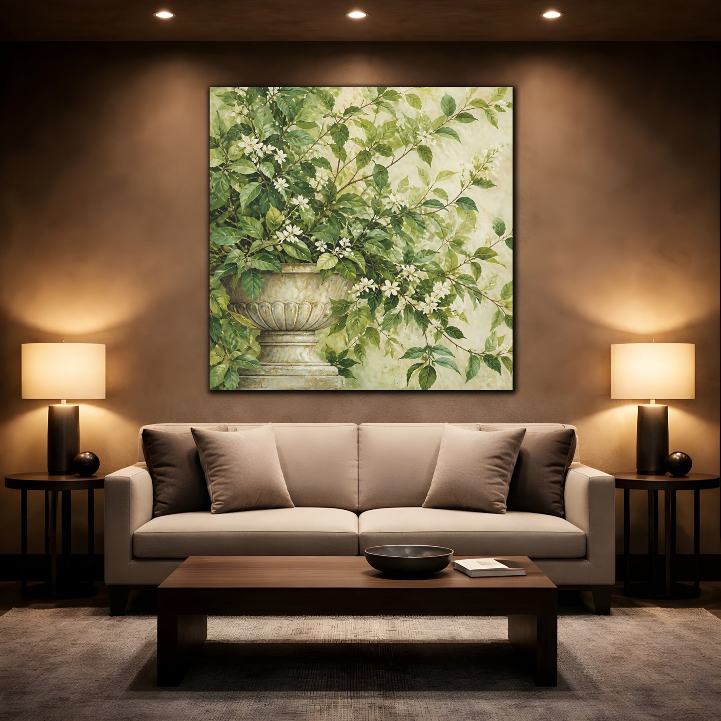 Mockup 2. Floral Flowering Plant Green And White Floral shown as stretched canvas wall art