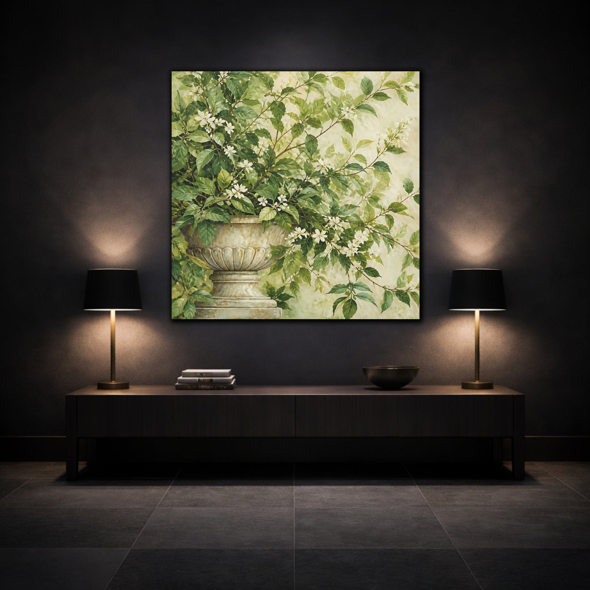 Mockup 3. Floral Flowering Plant Green And White Floral shown as stretched canvas wall art