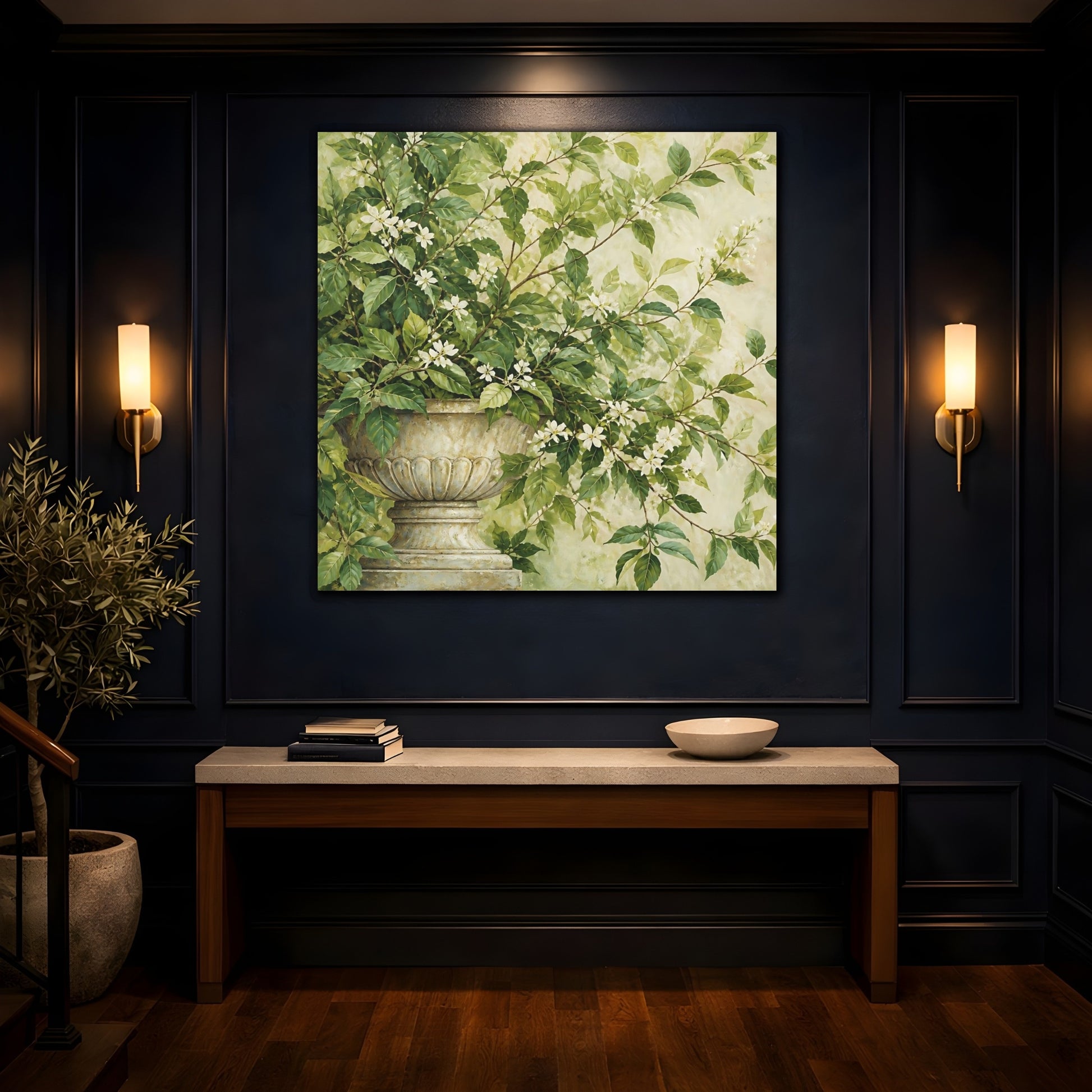 Mockup 4. Floral Flowering Plant Green And White Floral shown as stretched canvas wall art