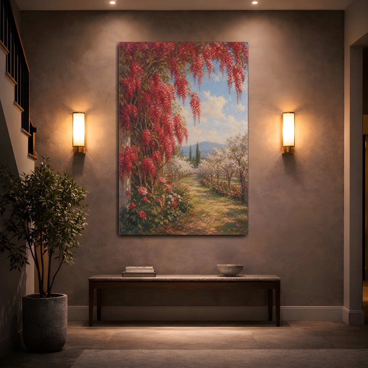 Mockup 2. Floral Flowering Vines Red Floral Garden shown as stretched canvas wall art