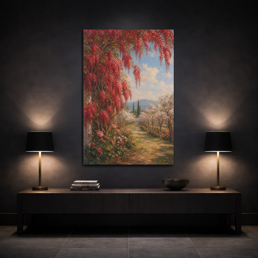 Mockup 3. Floral Flowering Vines Red Floral Garden shown as stretched canvas wall art