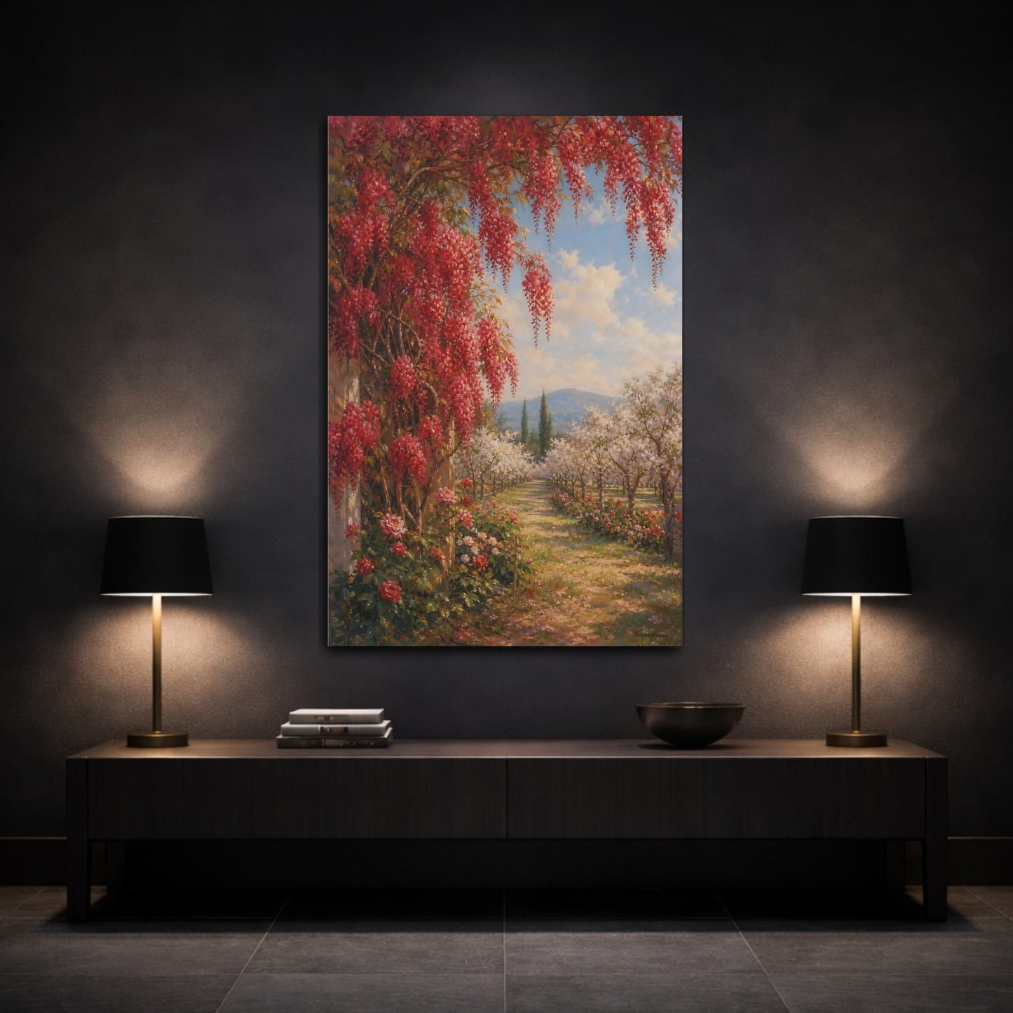 Mockup 3. Floral Flowering Vines Red Floral Garden shown as stretched canvas wall art