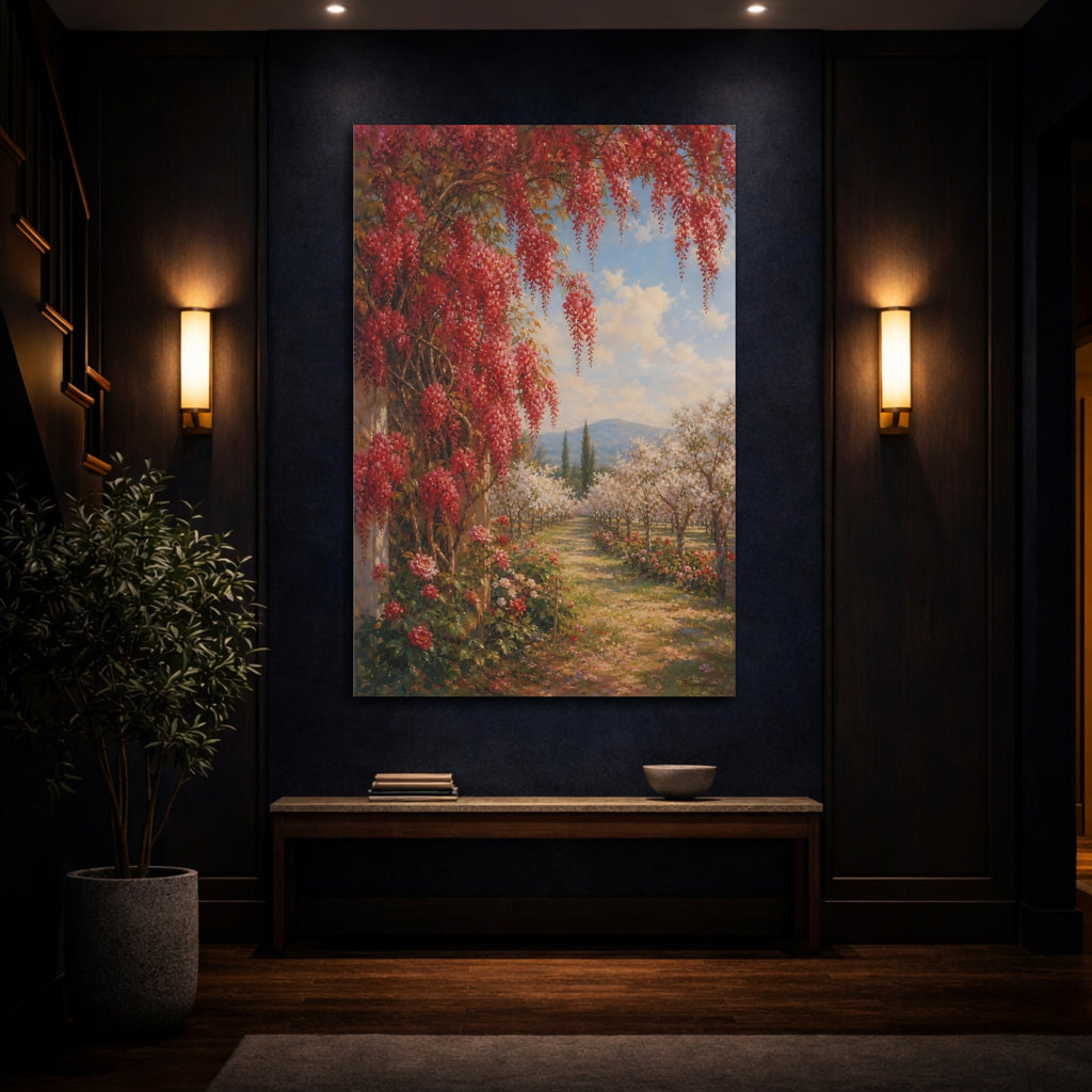 Mockup 4. Floral Flowering Vines Red Floral Garden shown as stretched canvas wall art