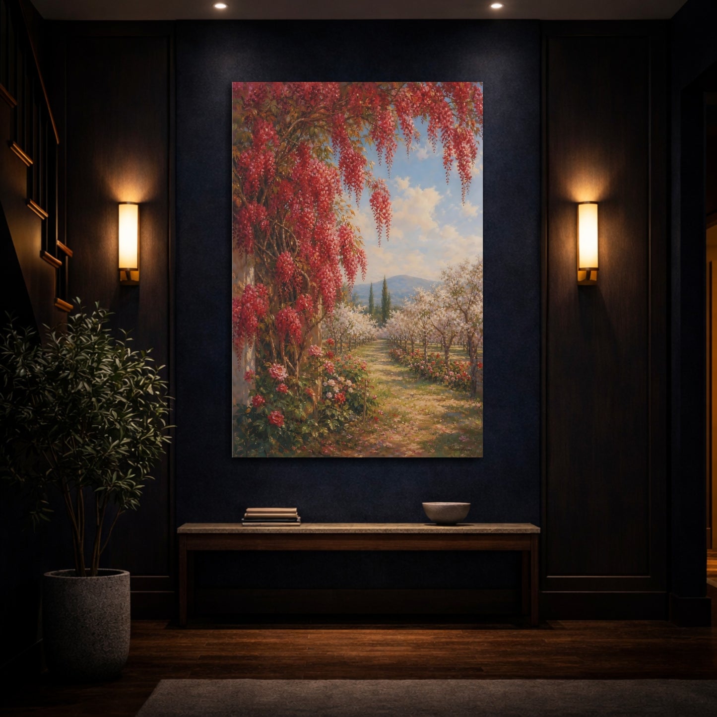 Mockup 4. Floral Flowering Vines Red Floral Garden shown as stretched canvas wall art