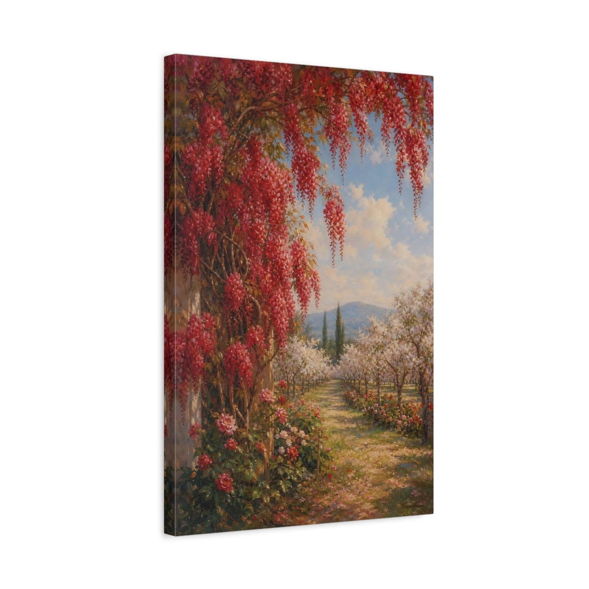 Side Mockup 3. Floral Flowering Vines Red Floral Garden shown as stretched canvas wall art