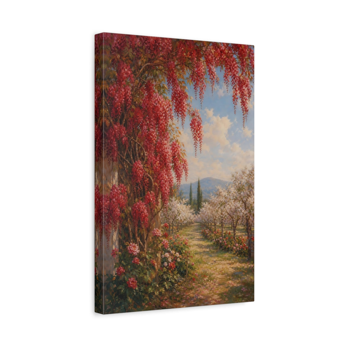 Side Mockup 4. Floral Flowering Vines Red Floral Garden shown as stretched canvas wall art