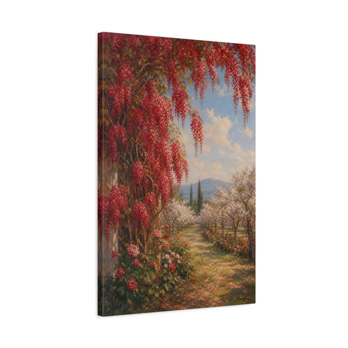 Side Mockup 2. Floral Flowering Vines Red Floral Garden shown as stretched canvas wall art
