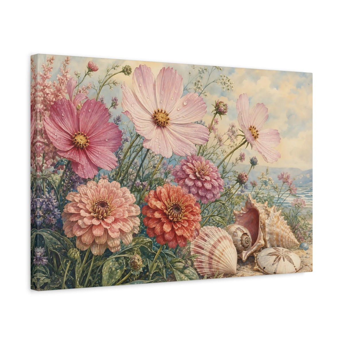 Side Mockup 3. Floral Flowers And Seashells Pink Coastal Floral shown as stretched canvas wall art