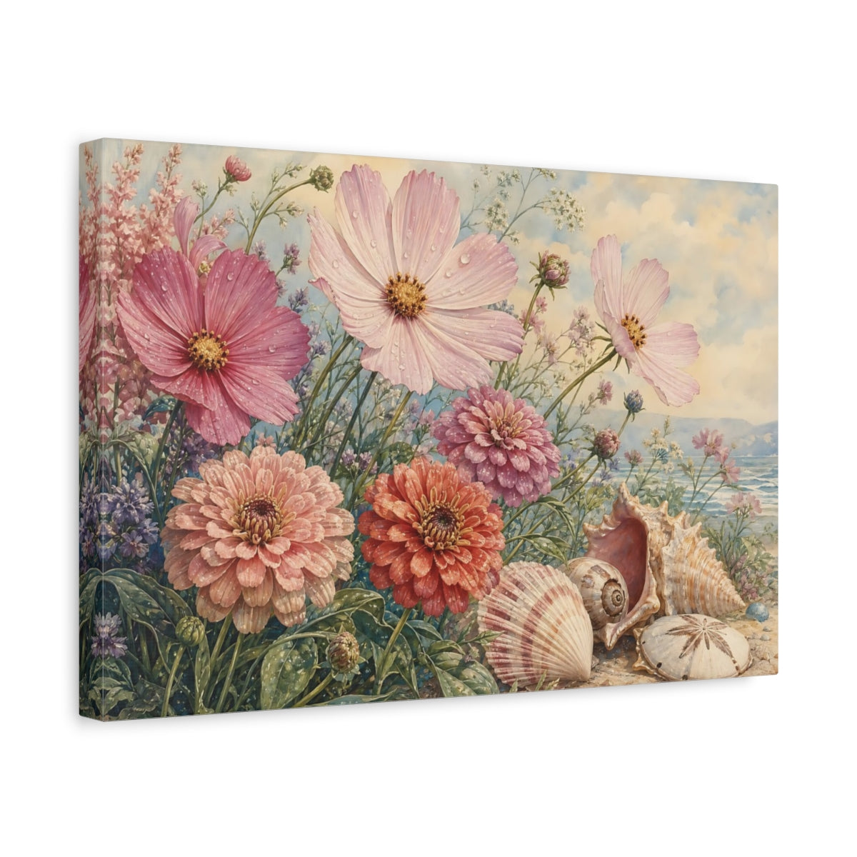 Side Mockup 4. Floral Flowers And Seashells Pink Coastal Floral shown as stretched canvas wall art
