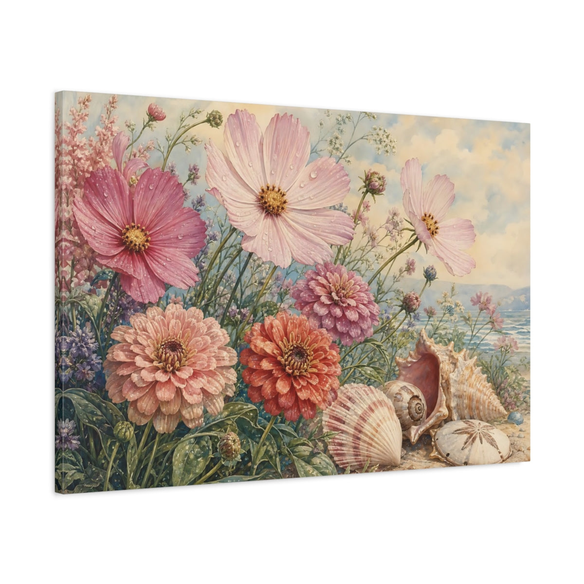 Main Mockup. Floral Flowers And Seashells Pink Coastal Floral shown as stretched canvas wall art