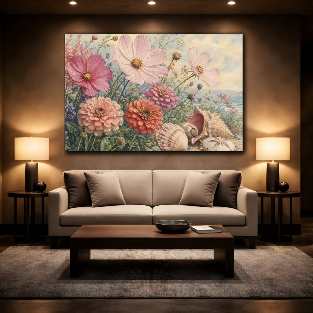 Mockup 2. Floral Flowers And Seashells Pink Coastal Floral shown as stretched canvas wall art