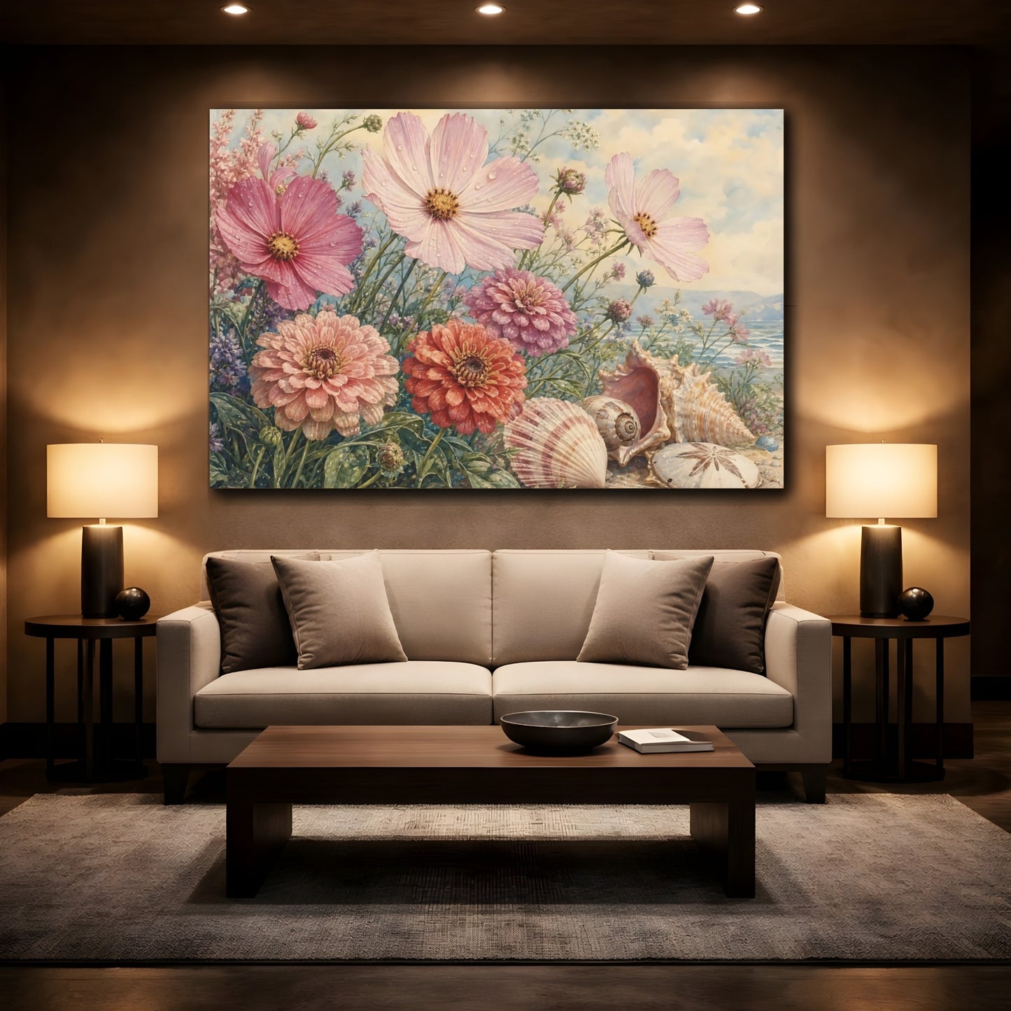 Mockup 2. Floral Flowers And Seashells Pink Coastal Floral shown as stretched canvas wall art
