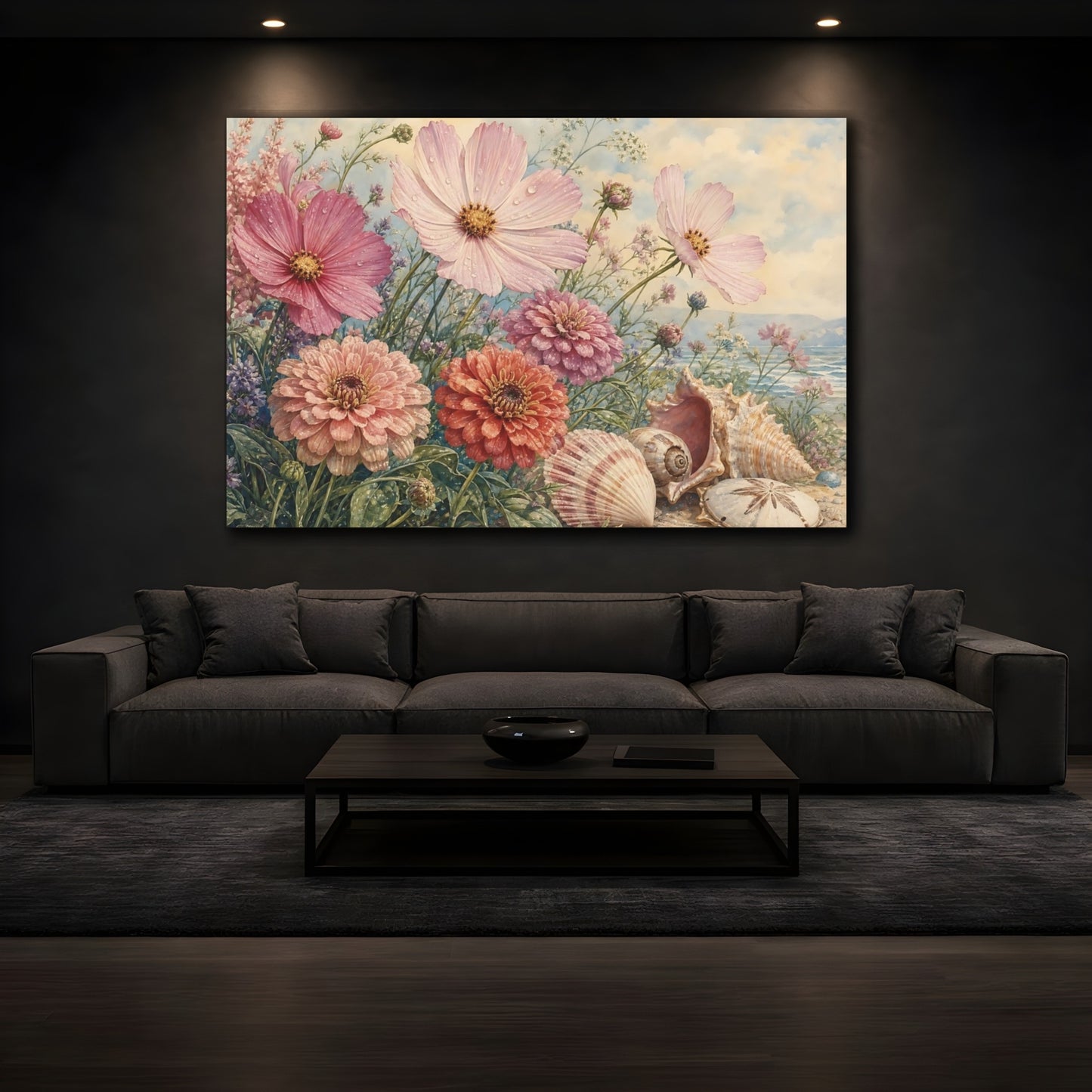 Mockup 3. Floral Flowers And Seashells Pink Coastal Floral shown as stretched canvas wall art