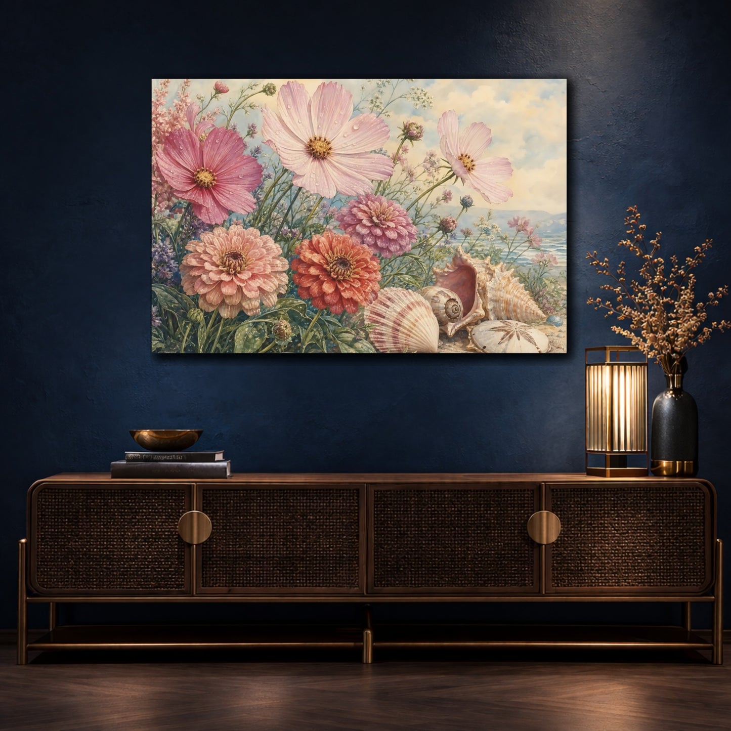 Mockup 4. Floral Flowers And Seashells Pink Coastal Floral shown as stretched canvas wall art