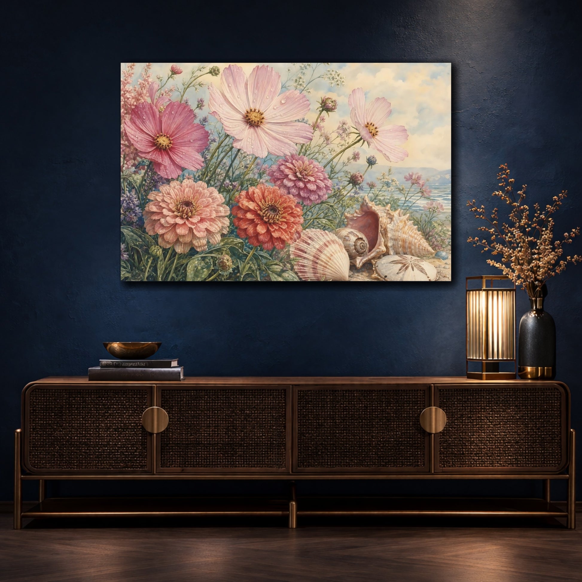 Mockup 4. Floral Flowers And Seashells Pink Coastal Floral shown as stretched canvas wall art
