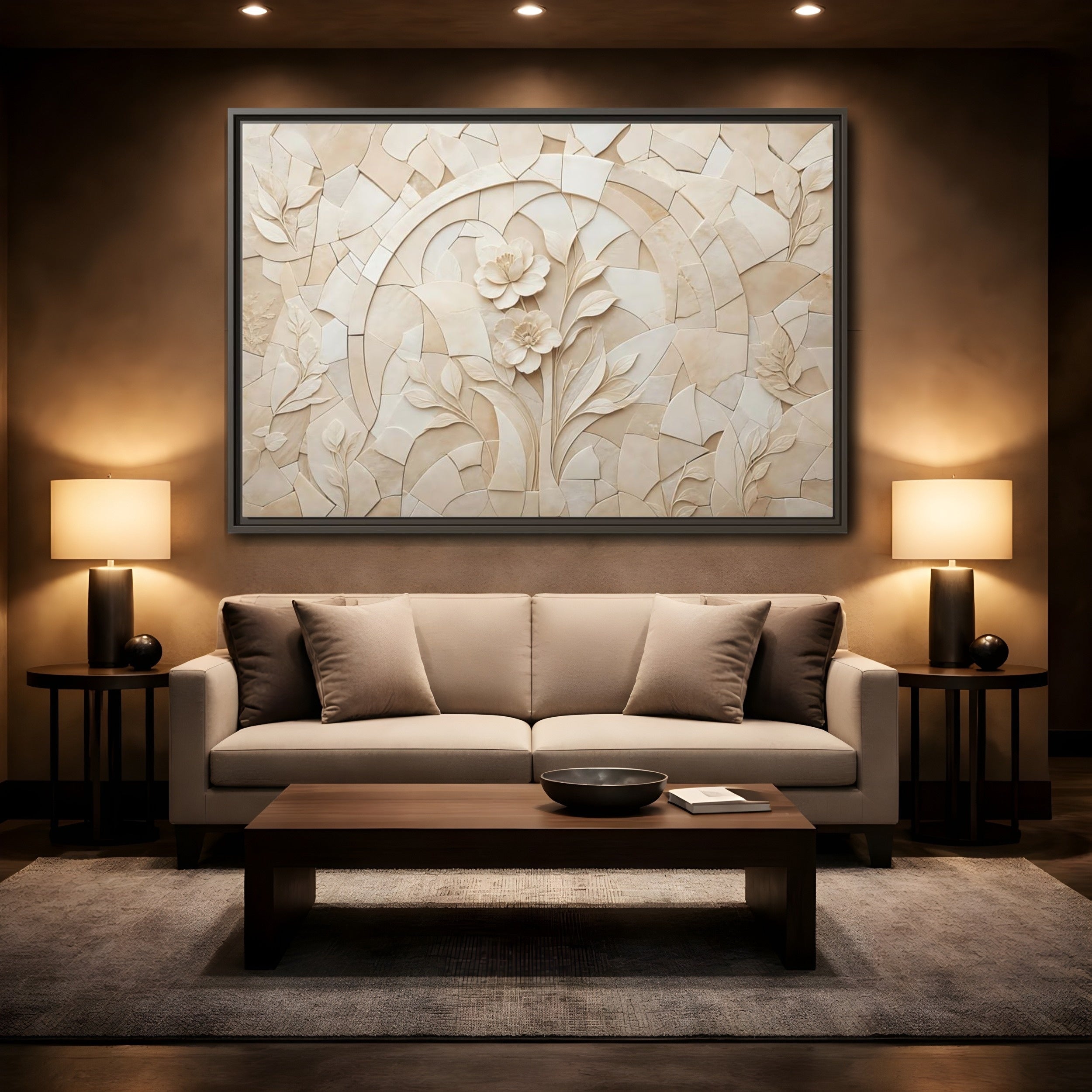 Mockup 2. Floral Flowers Beige Floral shown as stretched canvas wall art