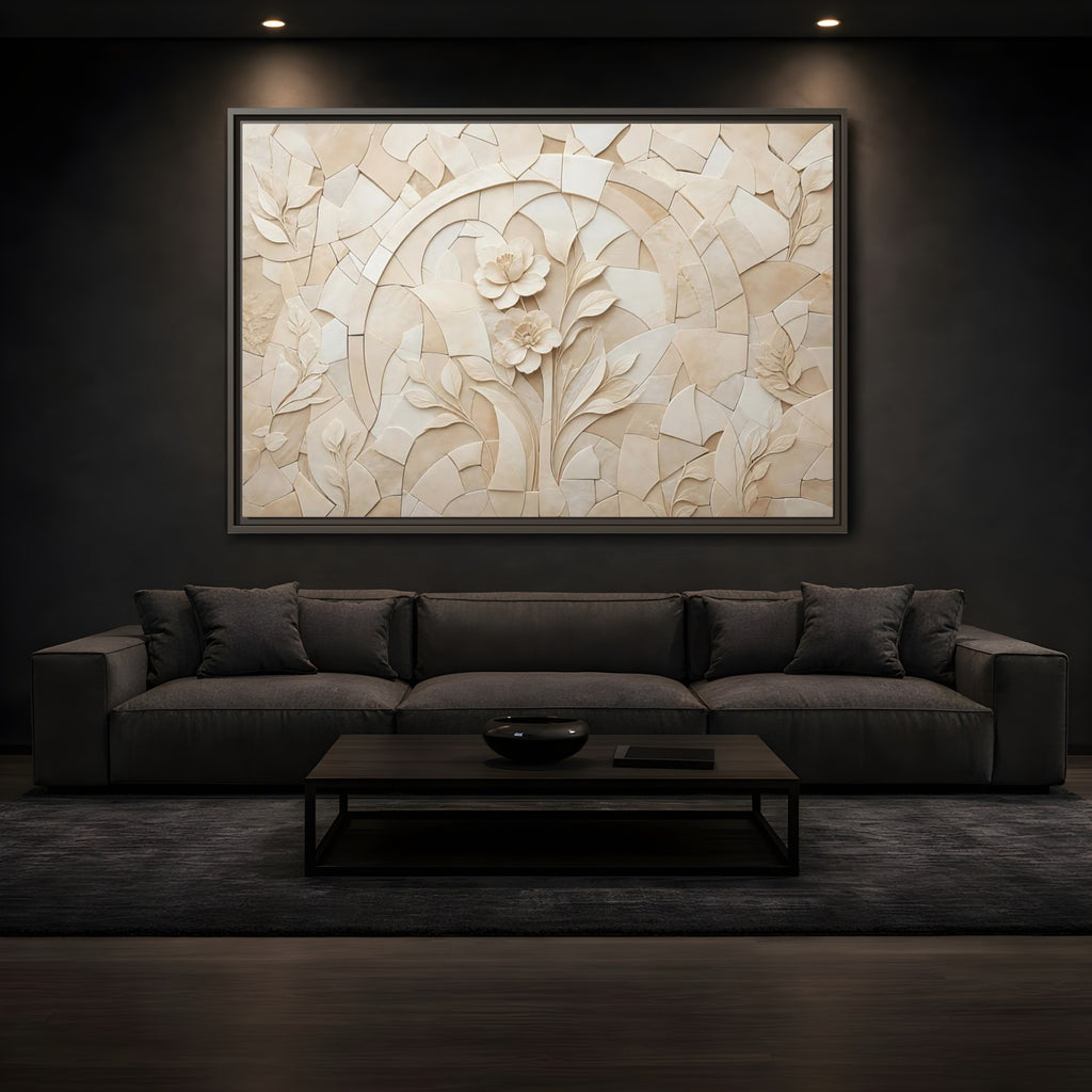 Mockup 3. Floral Flowers Beige Floral shown as stretched canvas wall art