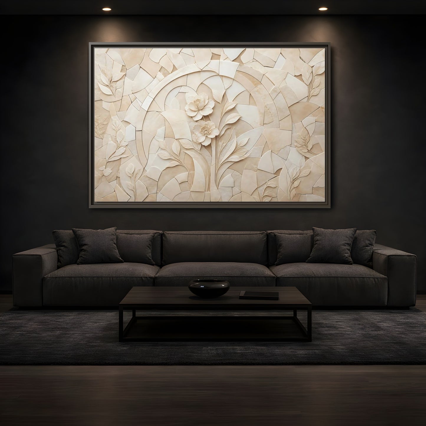 Mockup 3. Floral Flowers Beige Floral shown as stretched canvas wall art