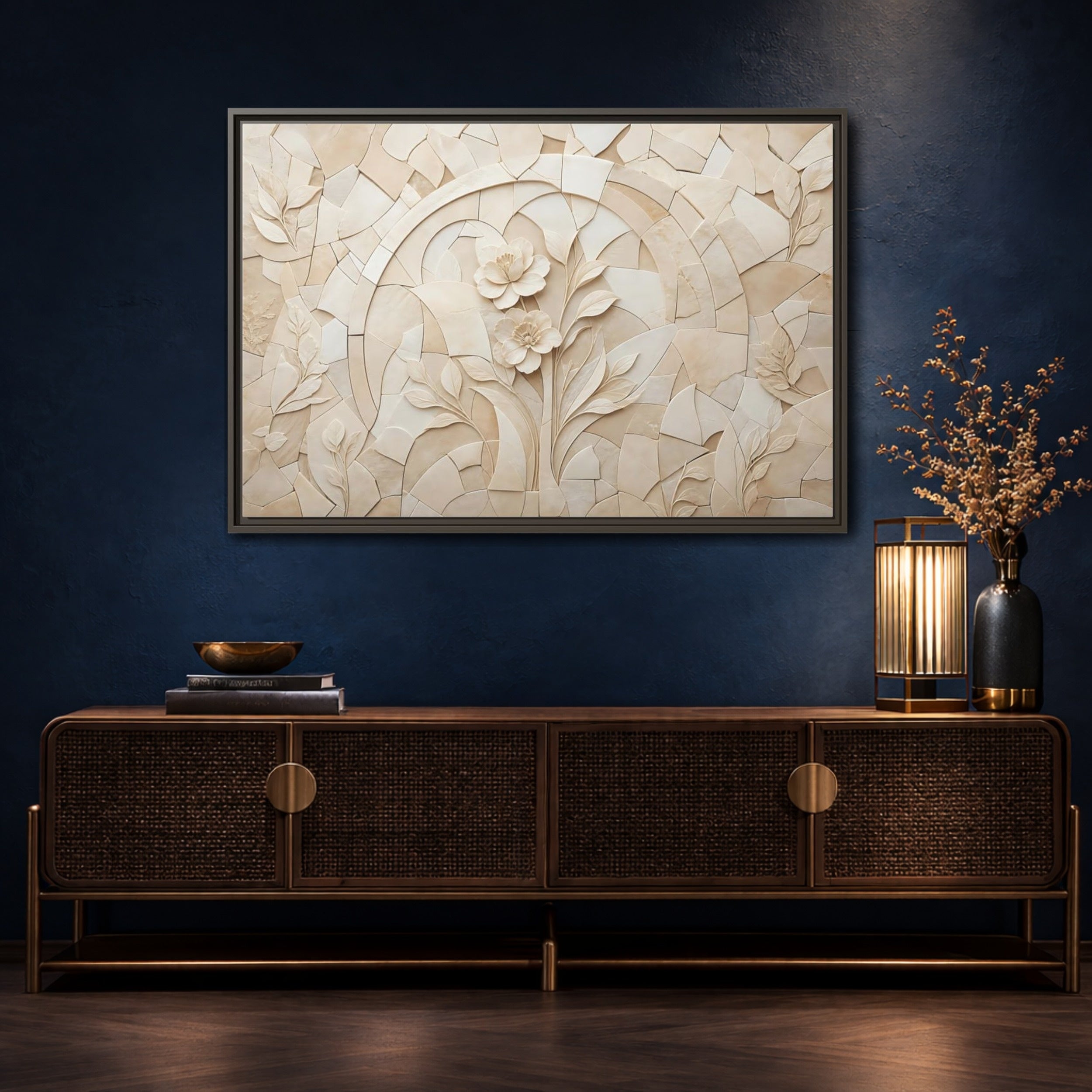 Mockup 4. Floral Flowers Beige Floral shown as stretched canvas wall art