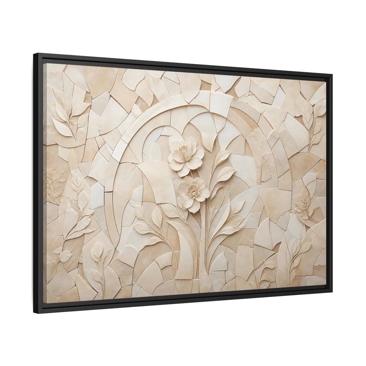 Side Mockup 13. Floral Flowers Beige Floral shown as stretched canvas wall art