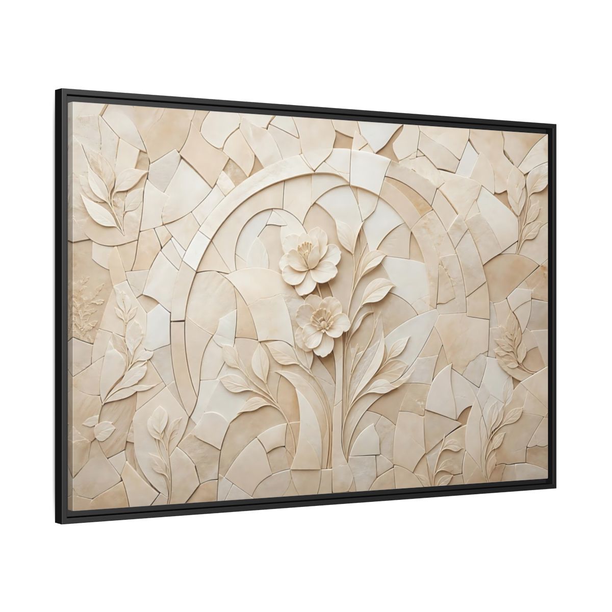 Side Mockup 12. Floral Flowers Beige Floral shown as stretched canvas wall art