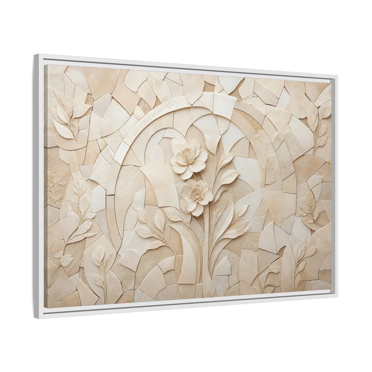 Side Mockup 9. Floral Flowers Beige Floral shown as stretched canvas wall art